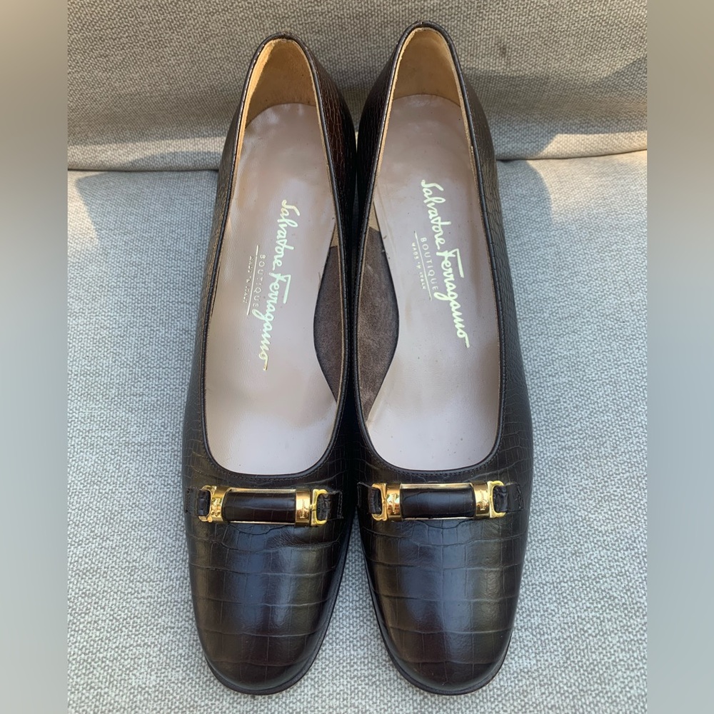Salvatore Ferragamo Croc Chocolate Brown Leather Shoes Heels size 9 Vintage - Picture 5 of 15